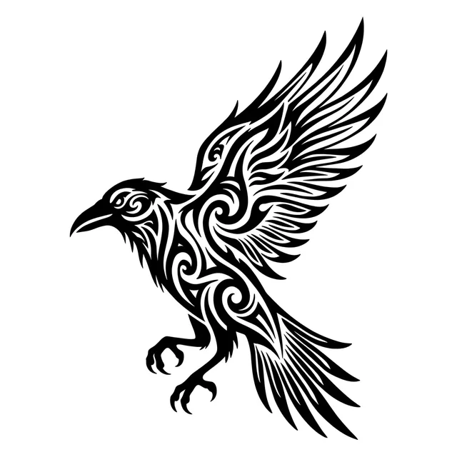 Black and white tribal raven and bird tattoo design