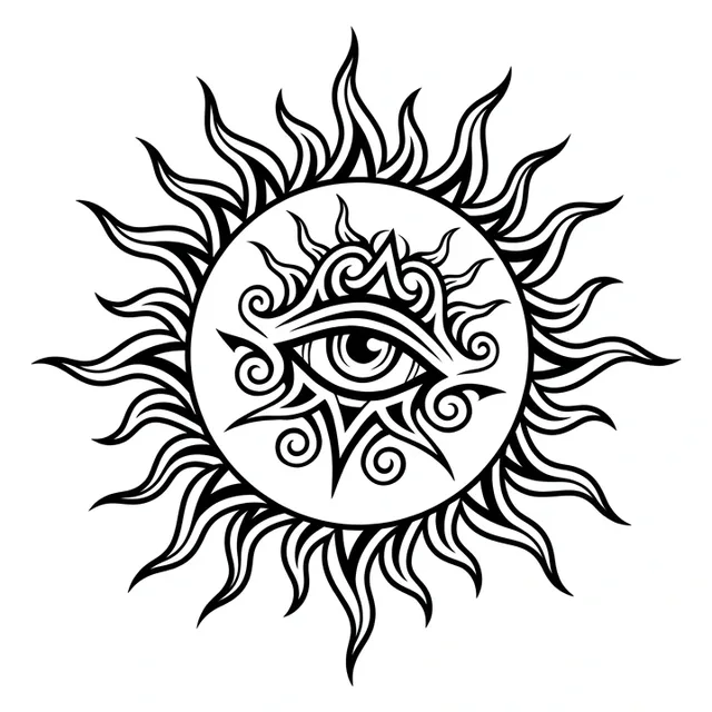 Black and white tribal sun and eye tattoo design