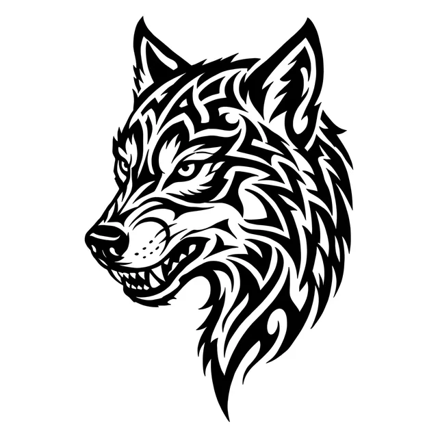 Black and white tribal wolf tattoo design: the head of a wolf in profile, snarling with bared teeth