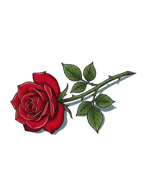 Color 3D rose tattoo design: a thorny stem and green leaves, a grey cast shadow