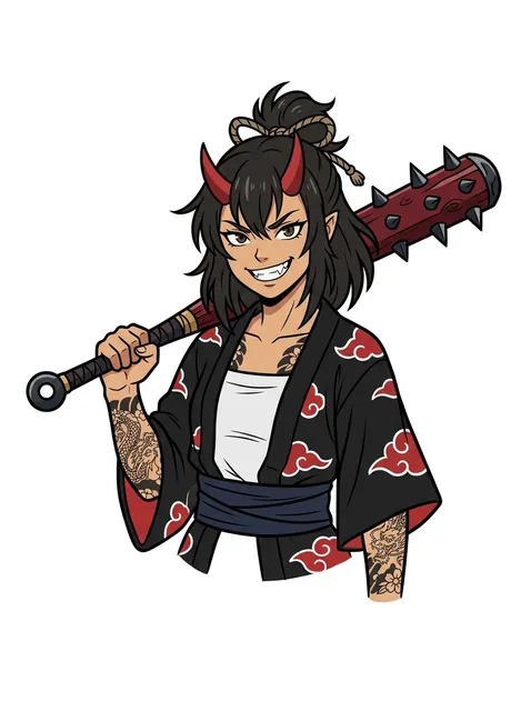 Color anime woman portrait and demon tattoo design: a red cloud pattern