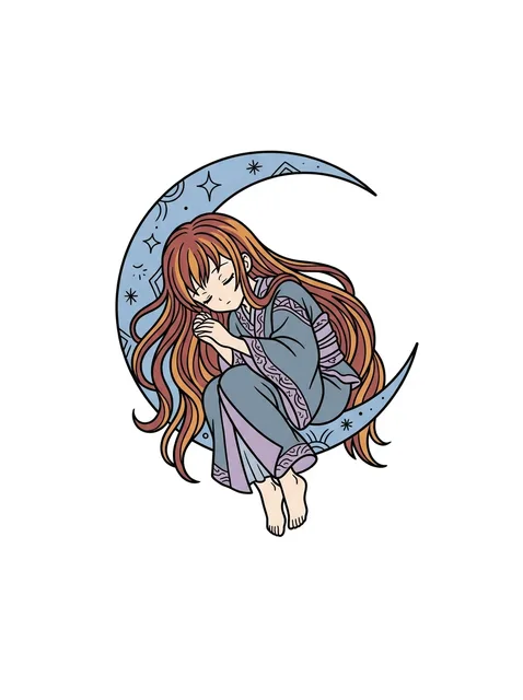 Color anime woman portrait and moon tattoo design