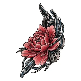 Color biomechanical peony tattoo design