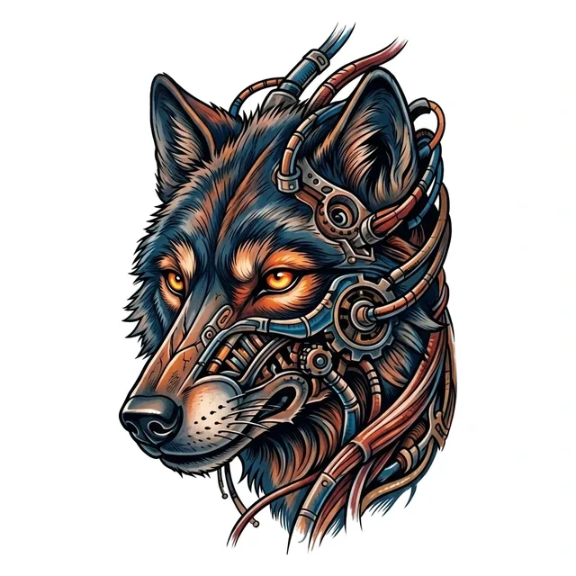 Color biomechanical wolf tattoo design: a wolf's head with intricate biomechanical elements