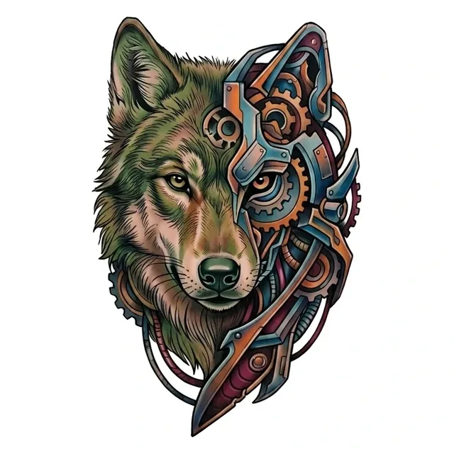 Color biomechanical wolf tattoo design: a wolf's head, half organic and half biomechanical