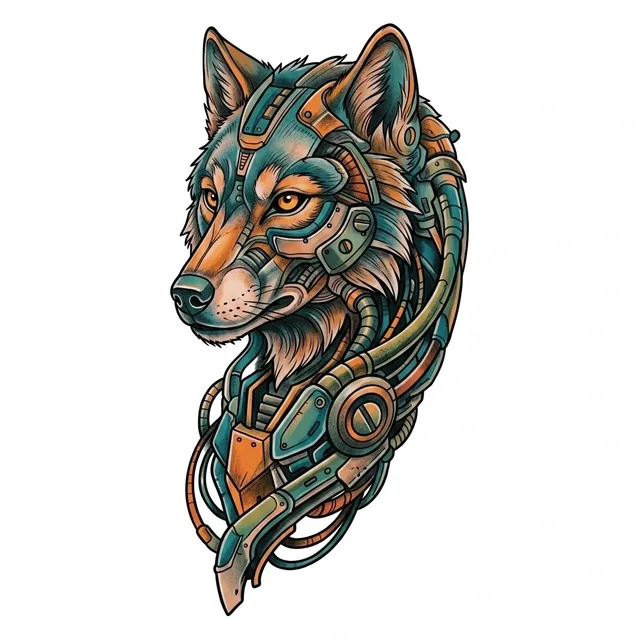Color biomechanical wolf tattoo design