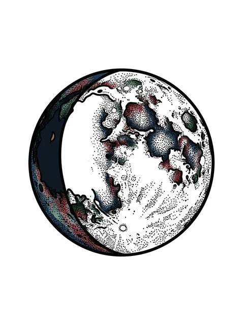 Color dotwork moon tattoo design: a moon in a crescent phase