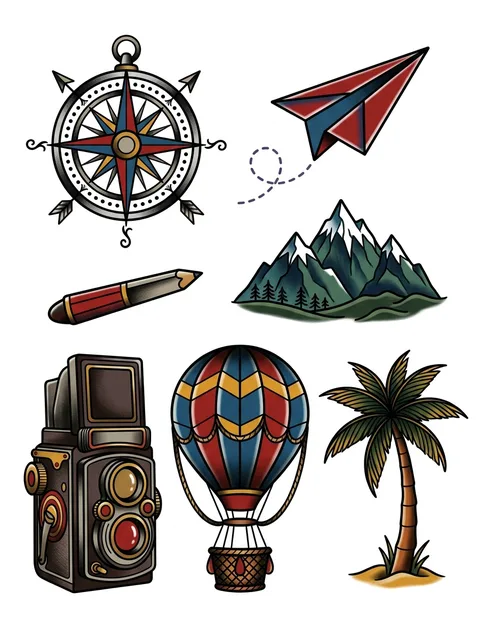Color flash compass and mountain tattoo design
