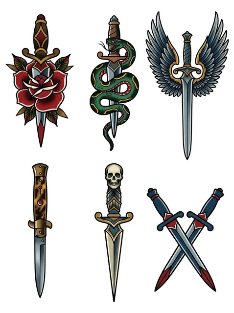 Color flash dagger and sword tattoo design
