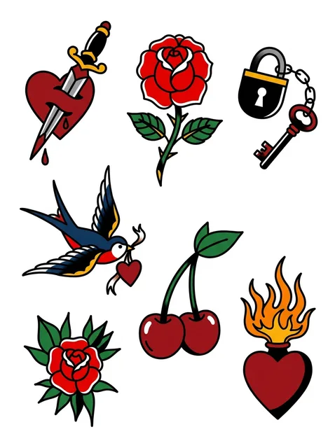Color flash heart and rose tattoo design