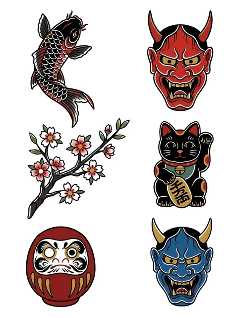 Color flash koi and demon tattoo design: a maneki-neko lucky cat and a daruma doll