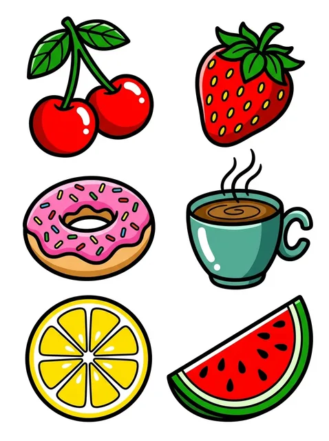 Color flash leaf tattoo design: a steaming cup of coffee, a lemon slice and a watermelon slice
