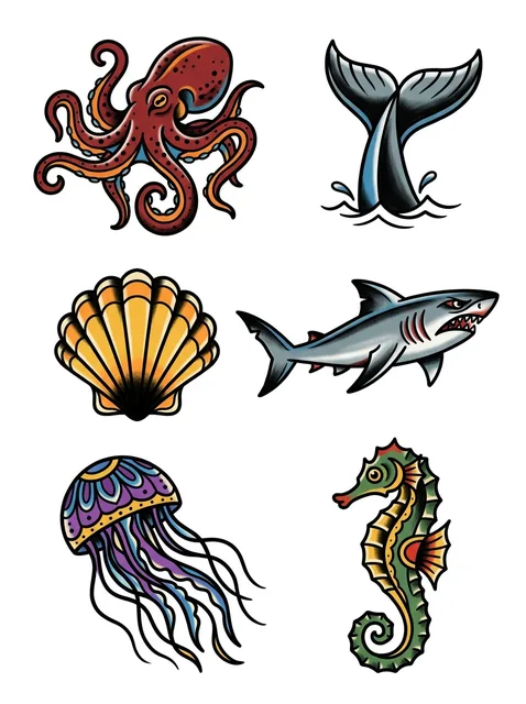 Color flash octopus and whale tattoo design: a scallop shell, a jellyfish and a seahorse