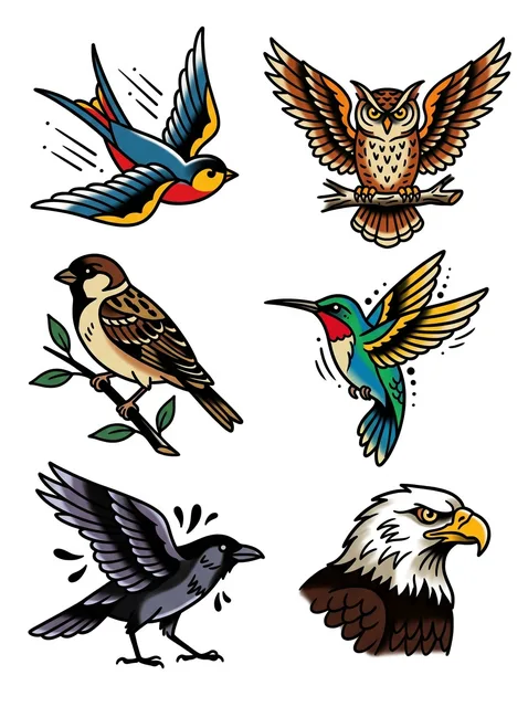 Color flash swallow and owl tattoo design: a sparrow on a twig, a hummingbird and a crow
