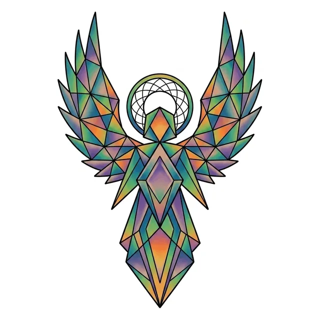 geometric Angel tattoo design, in colour