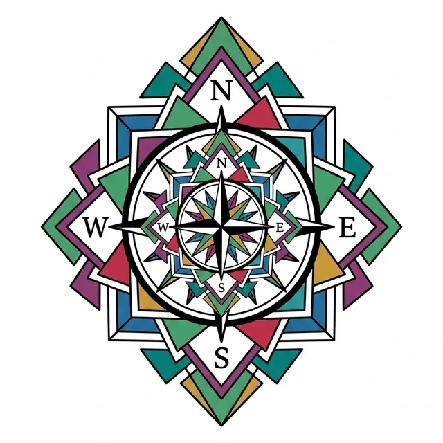 geometric Compass tattoo design, in colour