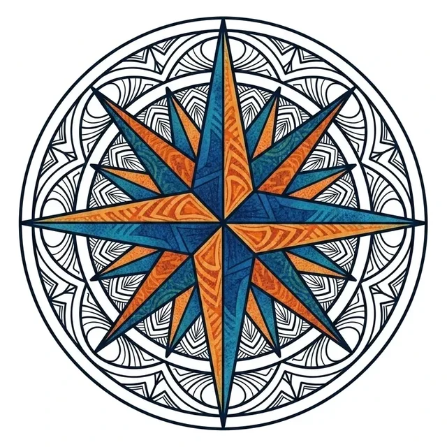 geometric Compass tattoo design, in colour