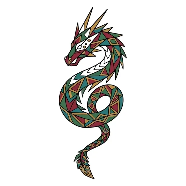 Color geometric dragon tattoo design, outline stencil