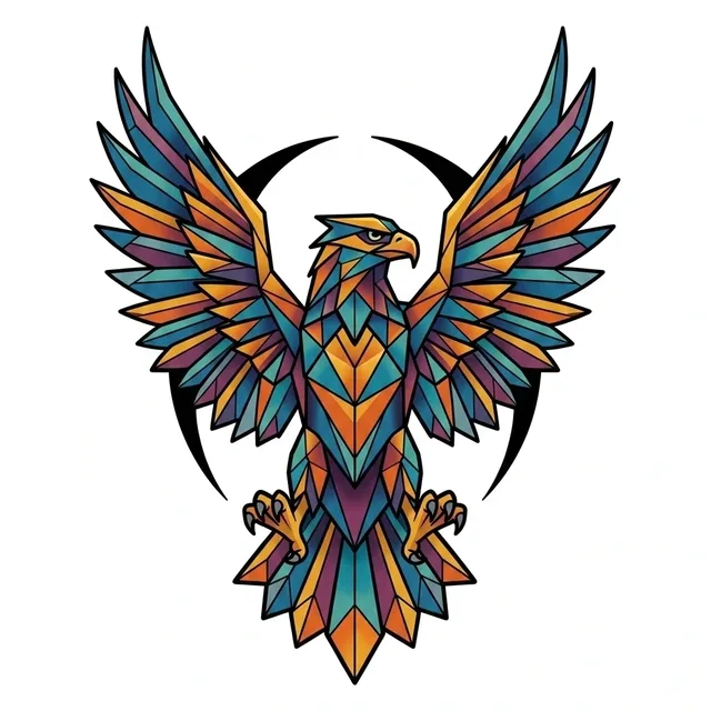 Color geometric eagle tattoo design, outline stencil