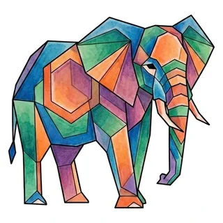 Color geometric elephant tattoo design, outline stencil