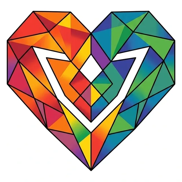 Color geometric heart tattoo design, outline stencil: a full spectrum of rainbow colors