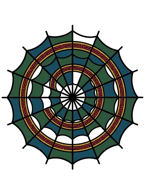 Color geometric mandala and web tattoo design, outline stencil: a central web-like pattern