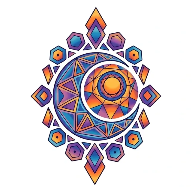 Color geometric moon and sun tattoo design, outline stencil: a crescent moon and sun motif