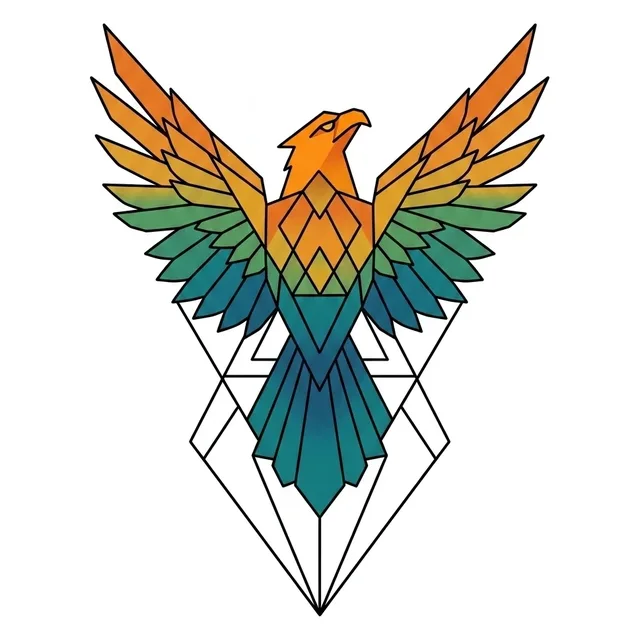 geometric Phoenix tattoo design, in colour