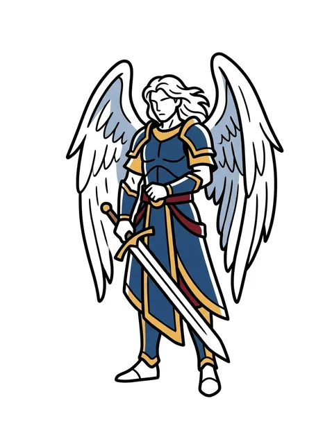 Color illustrative angel and sword tattoo design: an angel in blue and gold armor, holding a sword