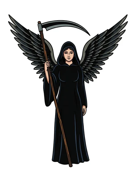 Color illustrative angel of death and scythe tattoo design