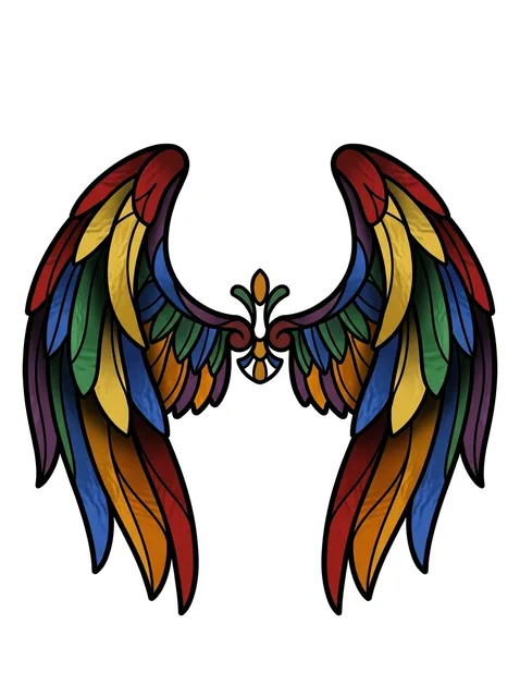Color illustrative angel wings tattoo design: a full spectrum of rainbow colors