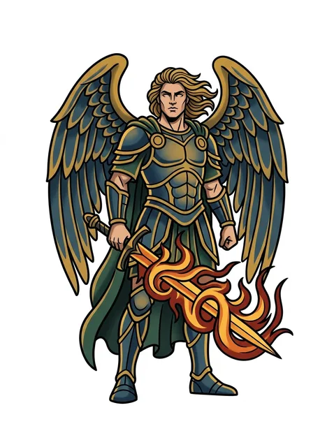 Color illustrative sword and archangel tattoo design