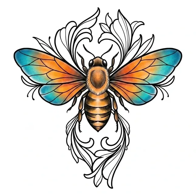 Color illustrative bee and leaf tattoo design
