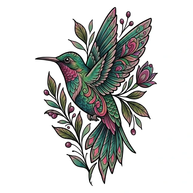 Color illustrative bird and flower tattoo design