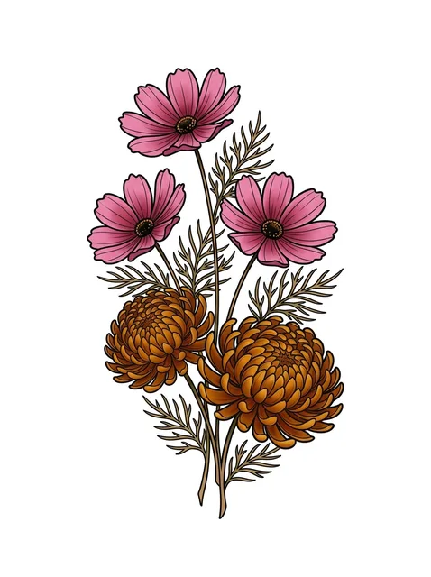 Color illustrative birth flower and cosmos tattoo design: three pink cosmos