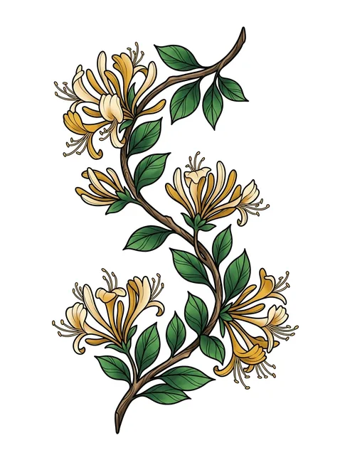 Color illustrative birth flower and honeysuckle tattoo design