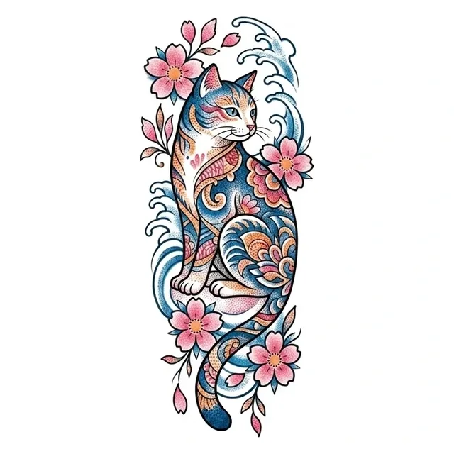 Color illustrative cat and cherry blossom tattoo design