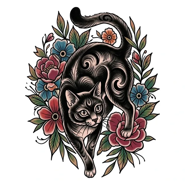 Color illustrative cat and flower tattoo design