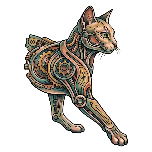 Color illustrative cat tattoo design: a steampunk cat
