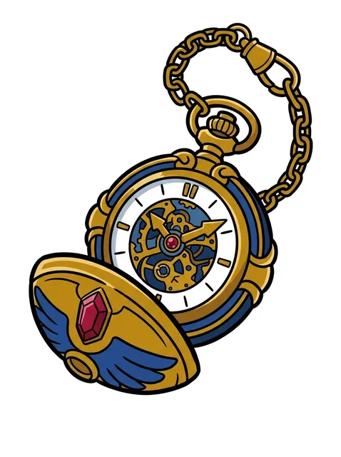 Color illustrative clock and eye tattoo design: a golden pocket watch with a blue casing and chain