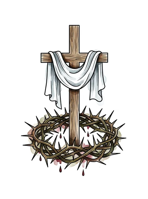 Color illustrative crown of thorns and cross tattoo design