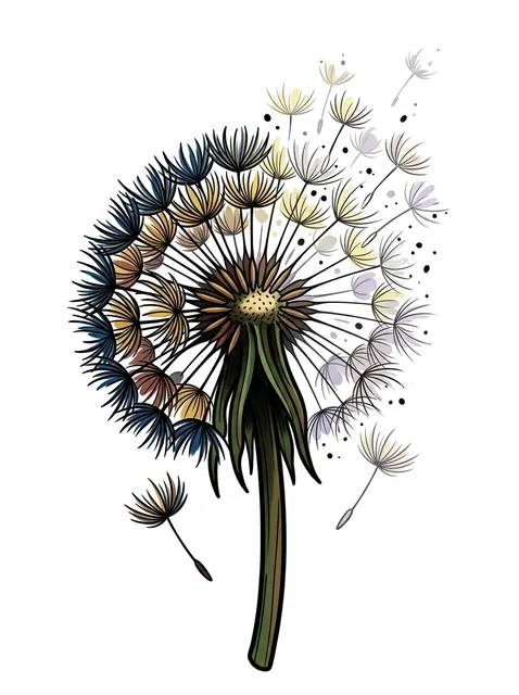 Color illustrative dandelion and flower tattoo design