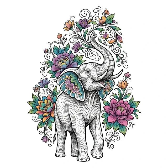Color illustrative elephant and flower tattoo design