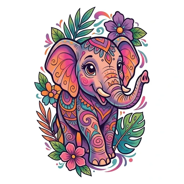 Color illustrative elephant and flower tattoo design