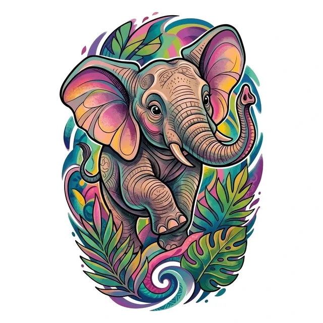 Color illustrative elephant and leaf tattoo design