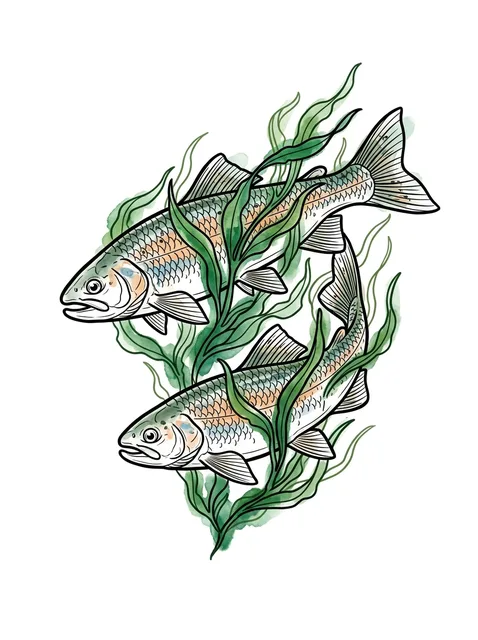 Color illustrative fish and leaf tattoo design