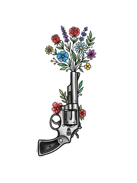 Color illustrative gun and flower tattoo design