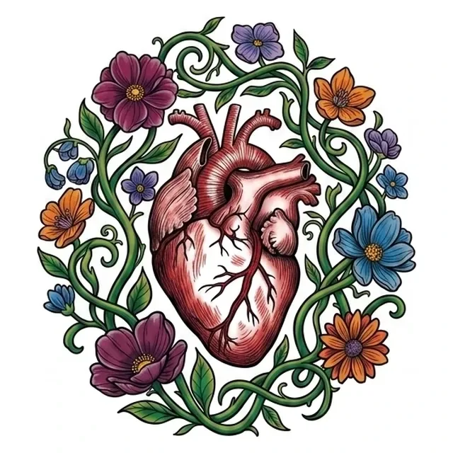 Color illustrative heart and flower tattoo design