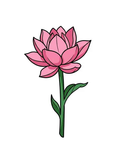Color illustrative flower and lotus tattoo design: a pink lotus flower with a green stem and leaves