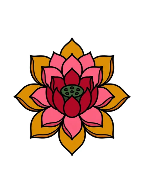 Color illustrative flower and lotus tattoo design: a green seed pod at its core
